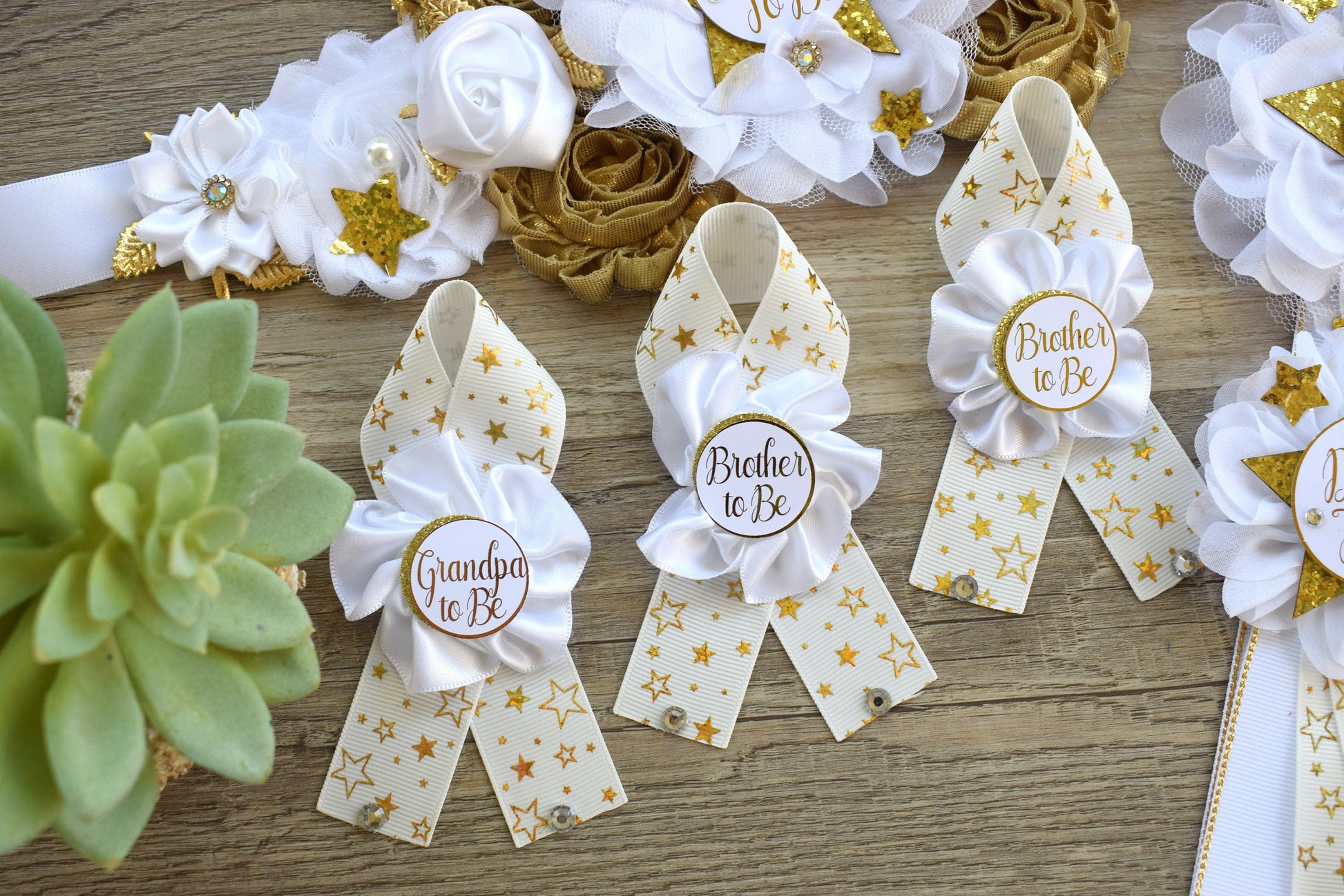 White Twinkle Twinkle Little Star Baby Shower, Gold White Star Maternity Sash, Twinkle Gender Reveal, Mommy To Be Ribbon, Daddy To Be Pin - Celebrations By Cris