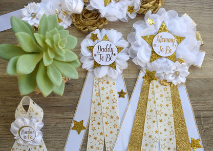 White Twinkle Twinkle Little Star Baby Shower, Gold White Star Maternity Sash, Twinkle Gender Reveal, Mommy To Be Ribbon, Daddy To Be Pin - Celebrations By Cris