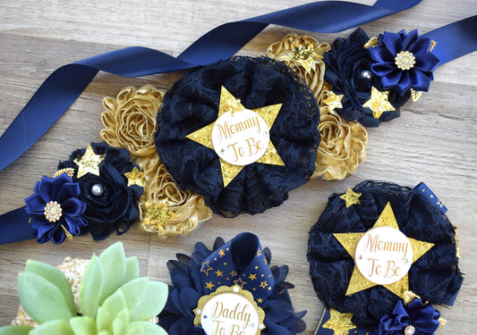 Navy Twinkle Twinkle Little Star Baby Shower, Navy Gold Maternity Sash, Twinkle Twinkle Gender Reveal Gold, Mommy To Be Pin, Daddy To Be Pin - Celebrations By Cris