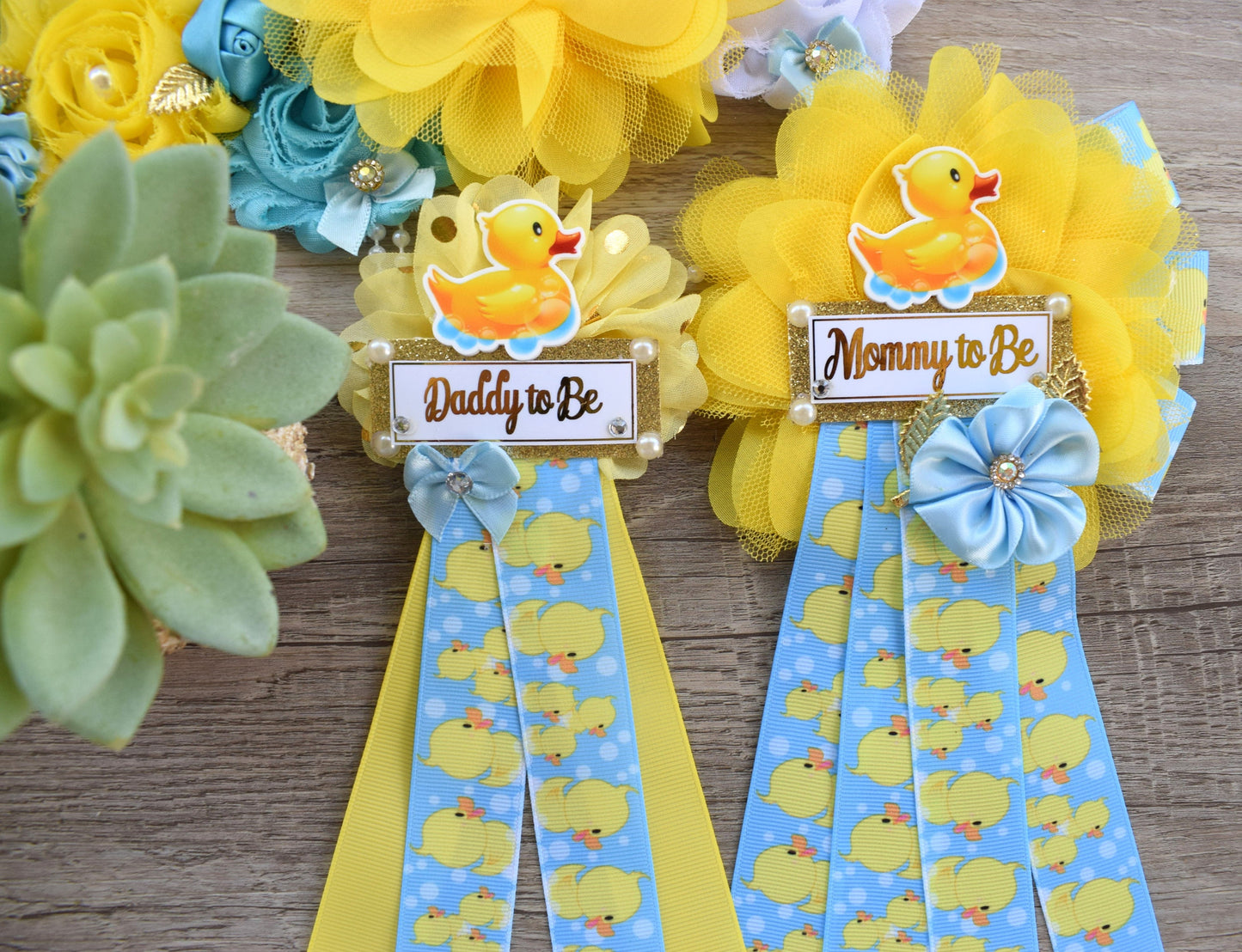 Boy Rubber Duck Baby Shower, Duck Maternity Sash, Yellow Blue Rubber Mommy To Be Ribbon, Duck Daddy To Be Pin, Custom - Celebrations By Cris