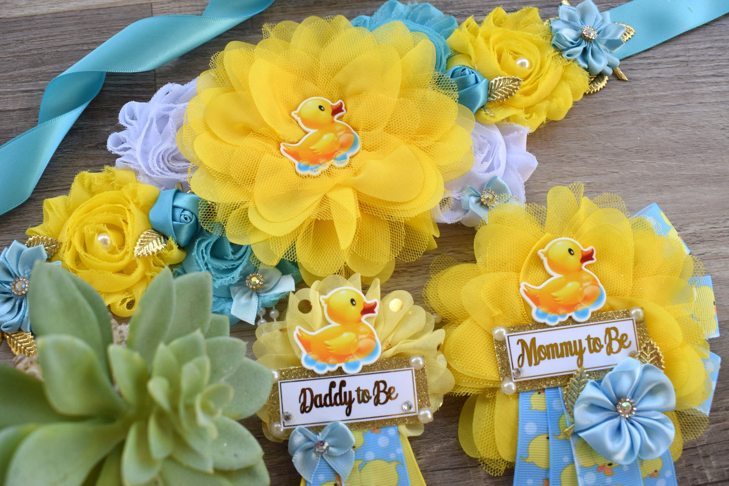 Boy Rubber Duck Baby Shower, Duck Maternity Sash, Yellow Blue Rubber Mommy To Be Ribbon, Duck Daddy To Be Pin, Custom - Celebrations By Cris