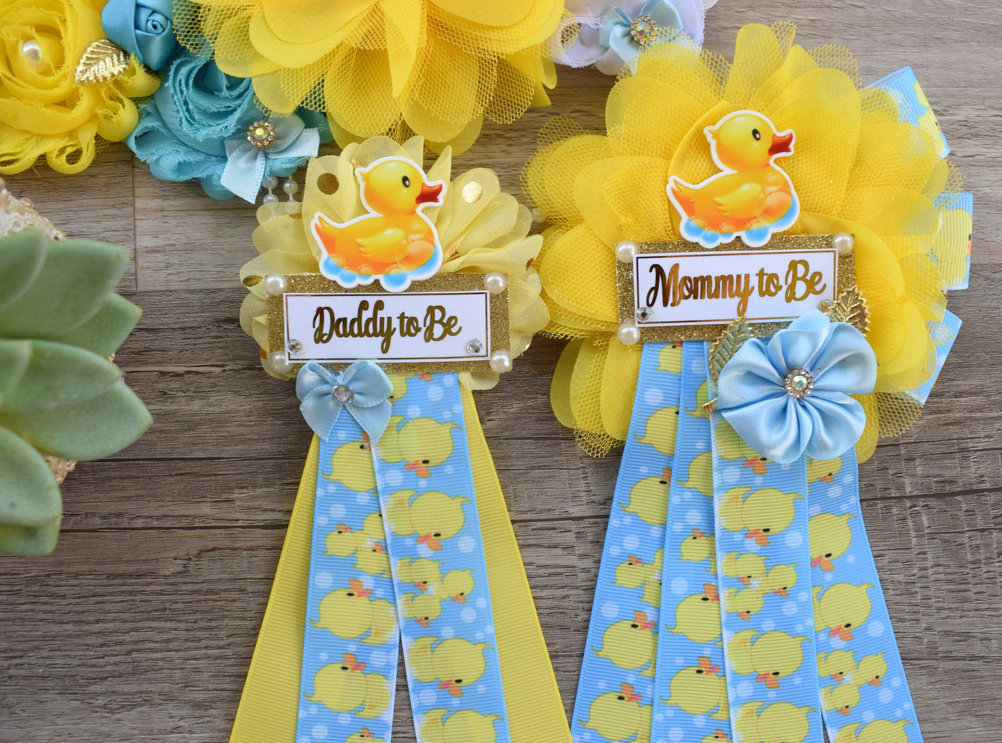 Boy Rubber Duck Baby Shower, Duck Maternity Sash, Yellow Blue Rubber Mommy To Be Ribbon, Duck Daddy To Be Pin, Custom - Celebrations By Cris