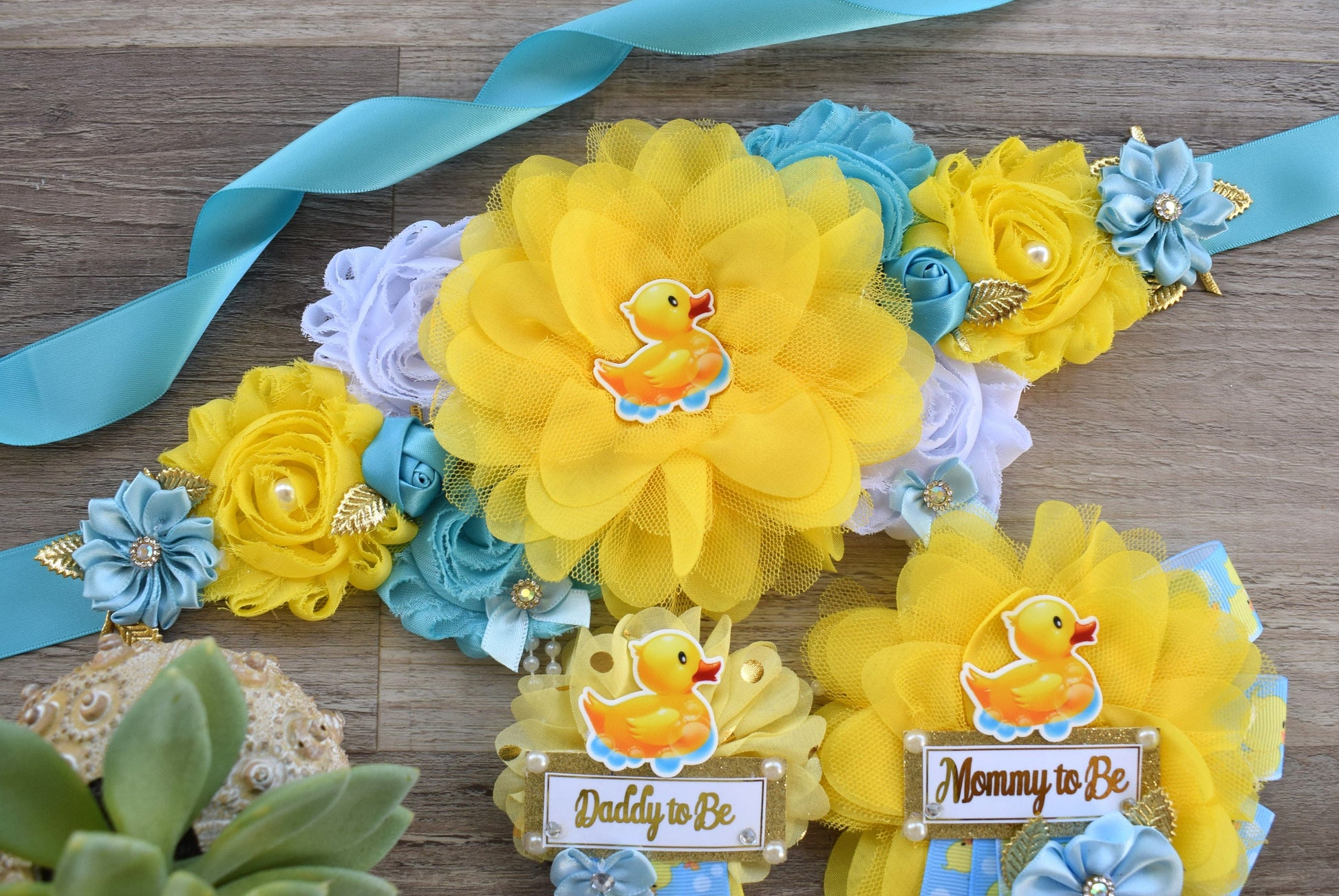 Boy Rubber Duck Baby Shower, Duck Maternity Sash, Yellow Blue Rubber Mommy To Be Ribbon, Duck Daddy To Be Pin, Custom - Celebrations By Cris