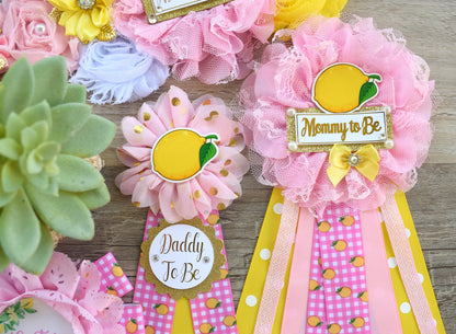 Girl Lemon Baby Shower, Lemon Fruit Maternity Sash, Pink Lemon Mommy To Be Ribbon Pin, Girl Lemon Daddy To Be Ribbon, Custom