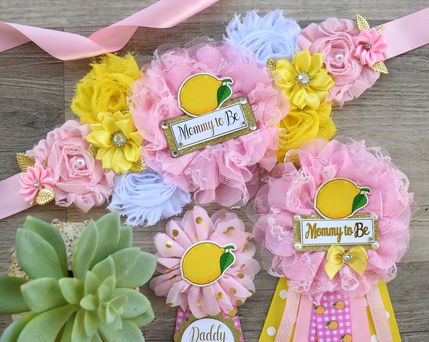 Girl Lemon Baby Shower, Lemon Fruit Maternity Sash, Pink Lemon Mommy To Be Ribbon Pin, Girl Lemon Daddy To Be Ribbon, Custom