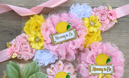 Girl Lemon Baby Shower, Lemon Fruit Maternity Sash, Pink Lemon Mommy To Be Ribbon Pin, Girl Lemon Daddy To Be Ribbon, Custom