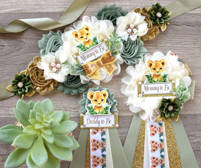 Lion Safari Baby Shower, Sage Safari Maternity Sash, Cub Lion Mommy To Be Ribbon Pin, Jungle Daddy To Be Ribbon, Baby shower Gift - S0001 - Celebrations By Cris