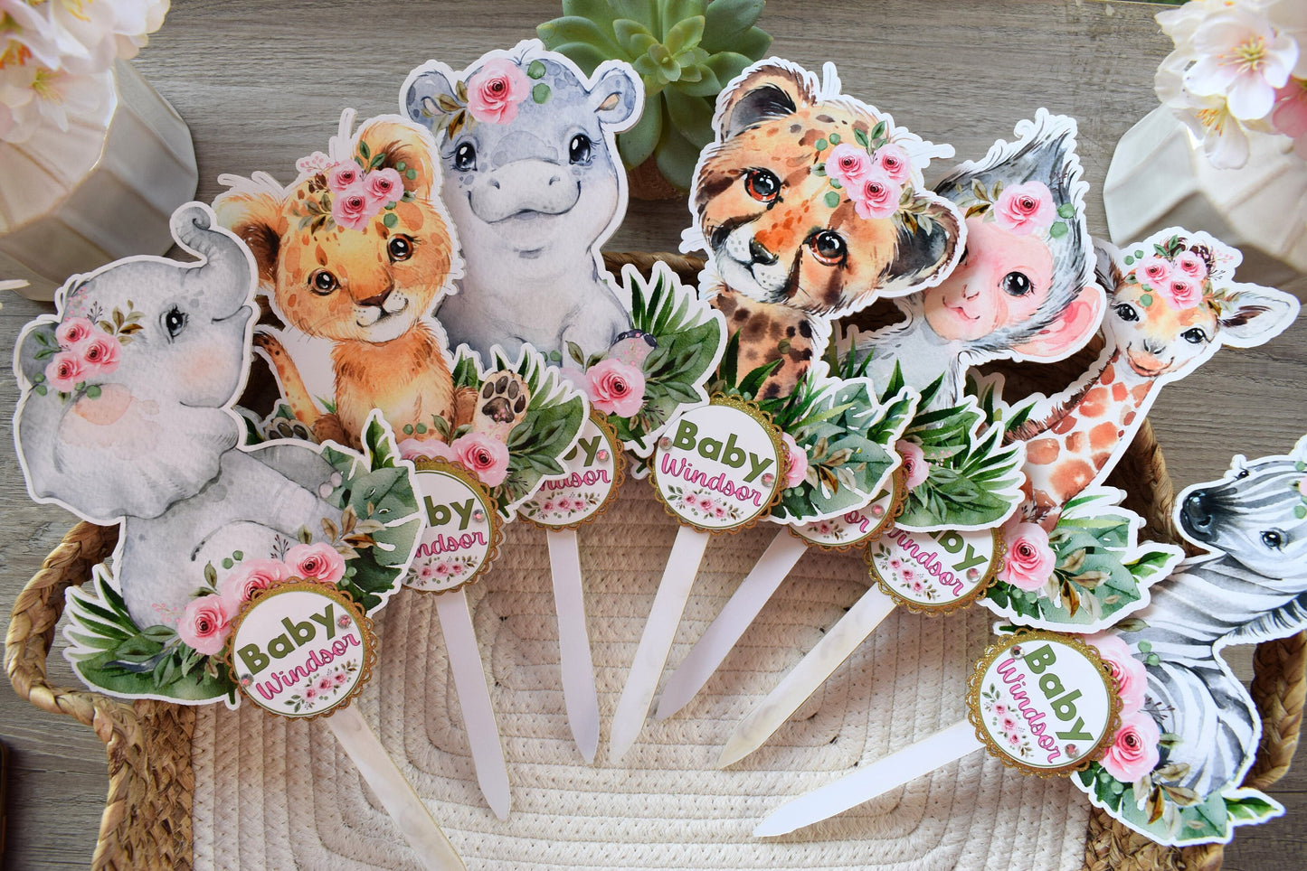 Girl Jungle Safari Mini Diaper Cake Set Baby Shower, Baby Shower Centerpieces Decorations, Girls Room Nursery Decor, New Mom Gifts - S0002