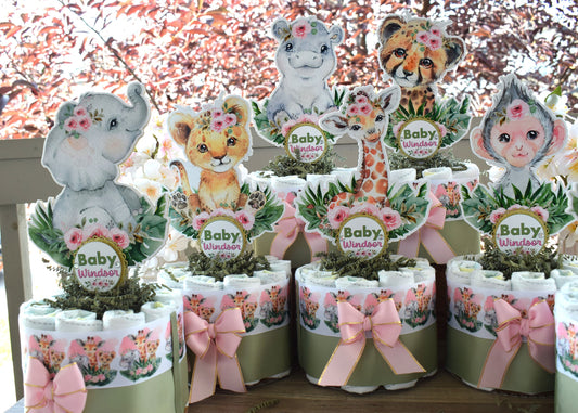 Girl Jungle Safari Mini Diaper Cake Set Baby Shower, Baby Shower Centerpieces Decorations, Girls Room Nursery Decor, New Mom Gifts - S0002