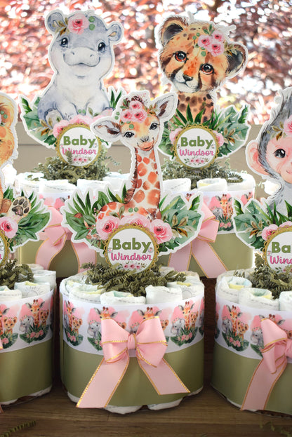 Girl Jungle Safari Mini Diaper Cake Set Baby Shower, Baby Shower Centerpieces Decorations, Girls Room Nursery Decor, New Mom Gifts - S0002