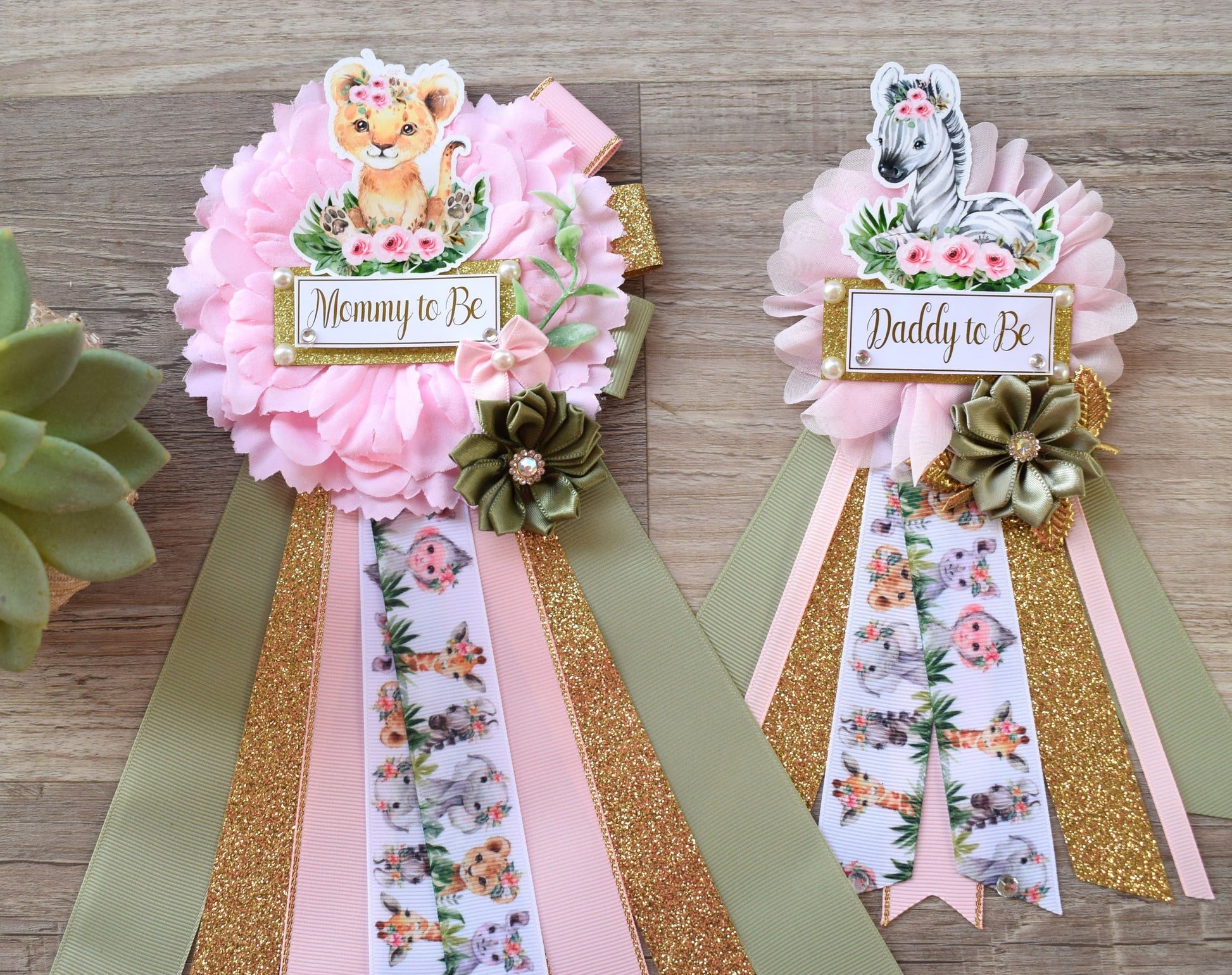 Girl Animal Safari Maternity Sash, Pink Safari Maternity Sash, Animal Mommy To Be Ribbon, Daddy To Be Pin, Safari Baby Shower Gift - S0002 - Celebrations By Cris