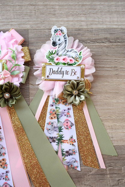 Girl Animal Safari Maternity Sash, Pink Safari Maternity Sash, Animal Mommy To Be Ribbon, Daddy To Be Pin, Safari Baby Shower Gift - S0002 - Celebrations By Cris