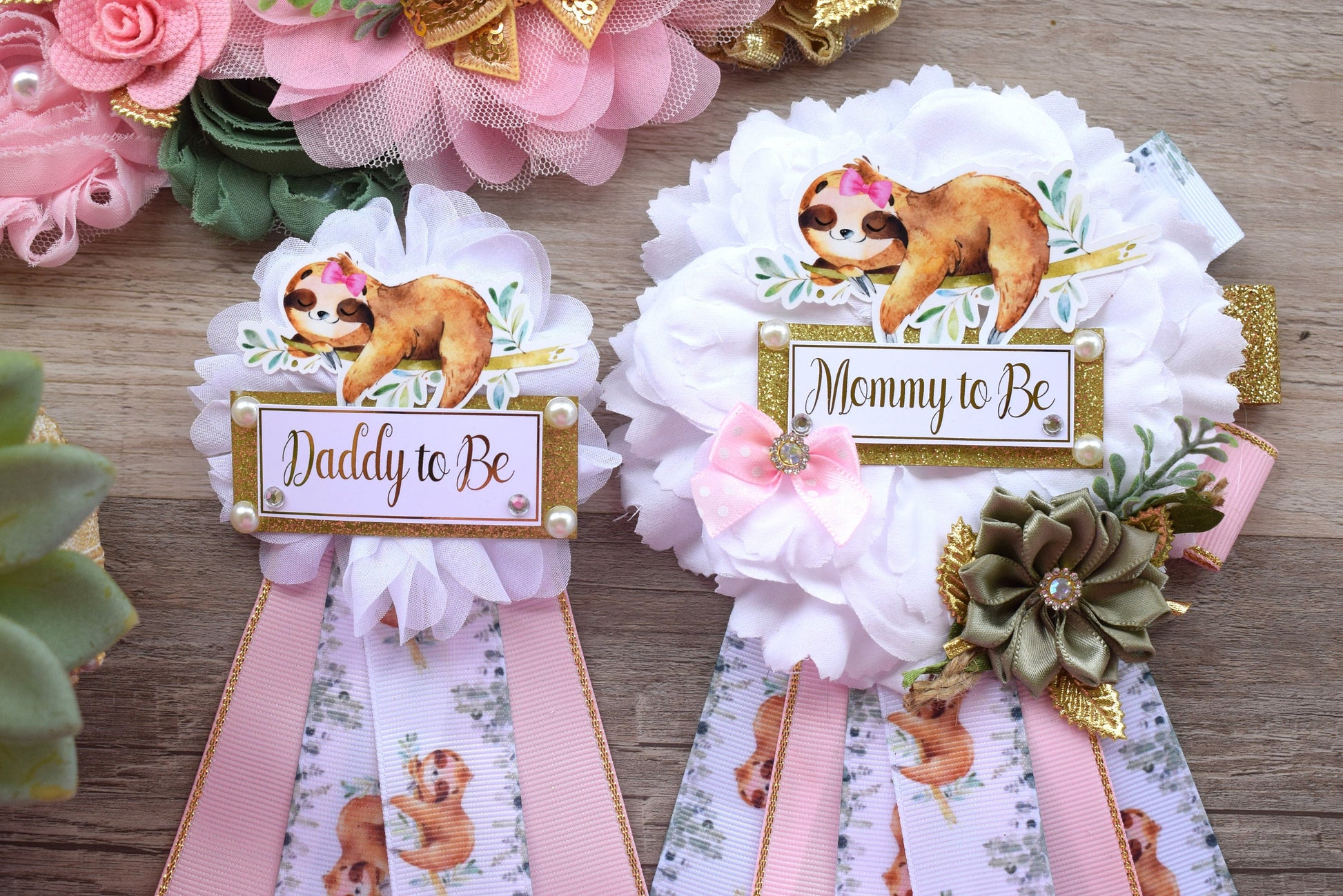 Pink Girl Sloth Baby Shower, Sloth Mommy to Be Pin, Sloth Baby Shower Pin, Sloth Greenery Maternity Sash, Baby Shower - S0004 - Celebrations By Cris