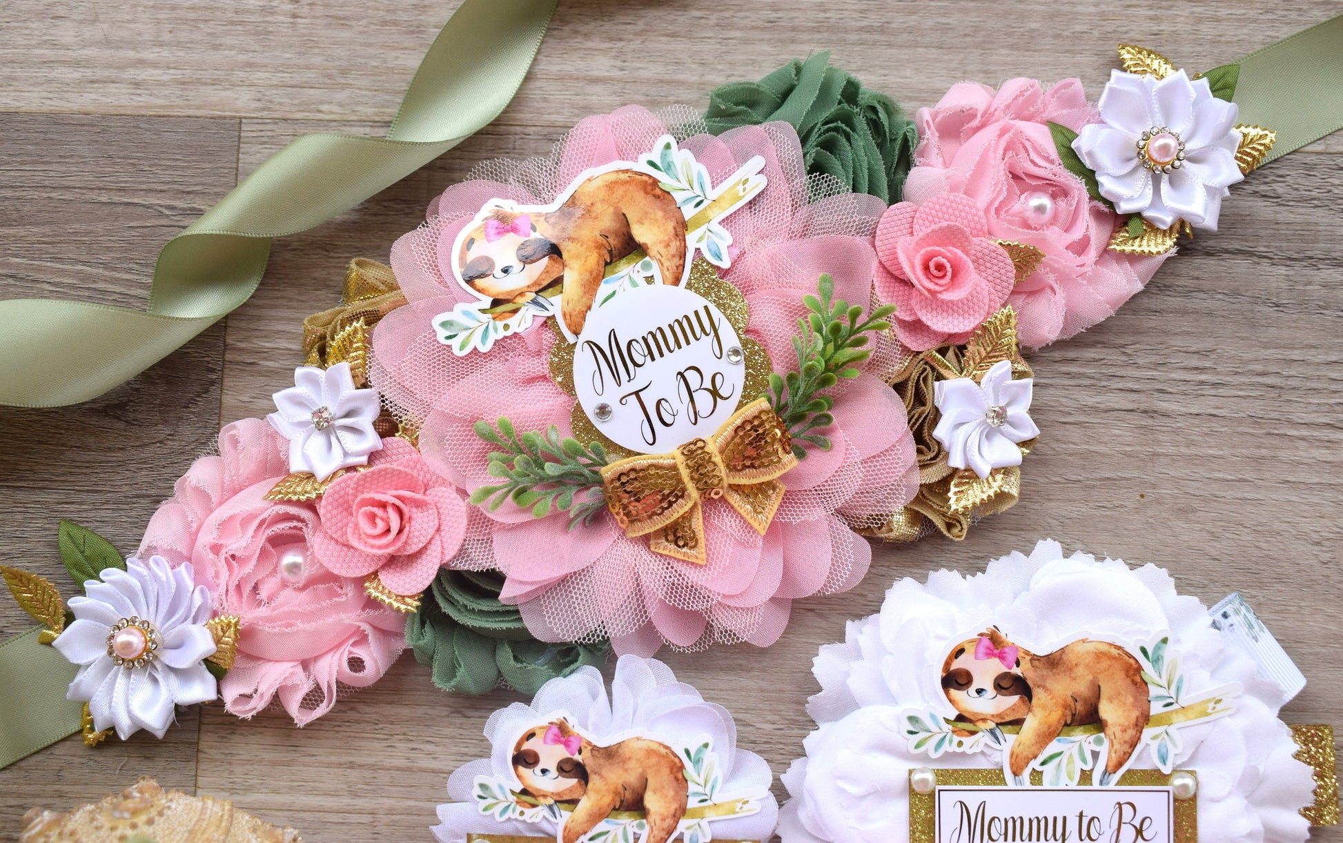 Pink Girl Sloth Baby Shower, Sloth Mommy to Be Pin, Sloth Baby Shower Pin, Sloth Greenery Maternity Sash, Baby Shower - S0004 - Celebrations By Cris