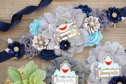 Shark Baby Shower, Blue Gray Maternity Sash, Shark Blue Grey Blue Baby Shower, Shark Mommy To Be Ribbon, Daddy To Be Pin, Custom - Celebrations By Cris