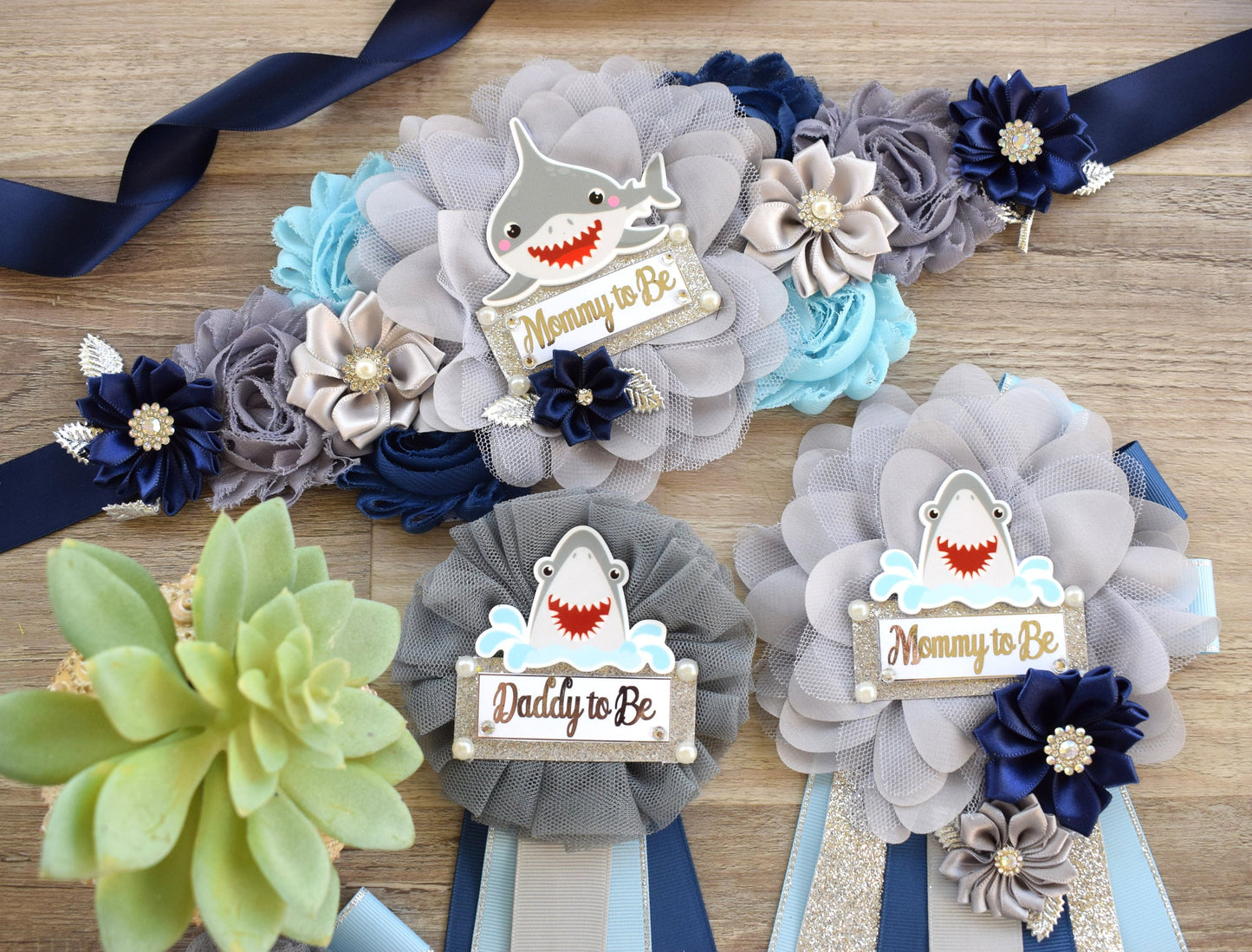 Shark Baby Shower, Blue Gray Maternity Sash, Shark Blue Grey Blue Baby Shower, Shark Mommy To Be Ribbon, Daddy To Be Pin, Custom - Celebrations By Cris