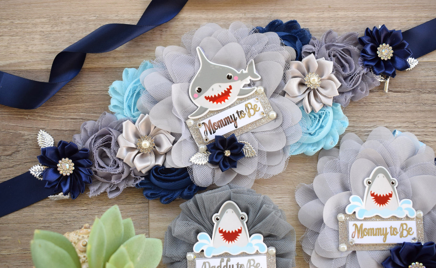 Shark Baby Shower, Blue Gray Maternity Sash, Shark Blue Grey Blue Baby Shower, Shark Mommy To Be Ribbon, Daddy To Be Pin, Custom - Celebrations By Cris