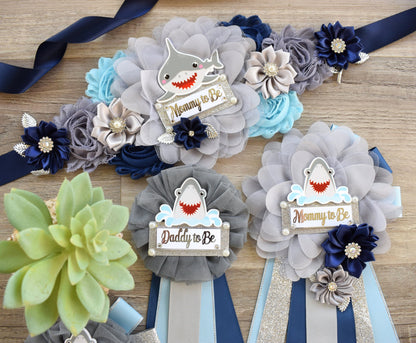 Shark Baby Shower, Blue Gray Maternity Sash, Shark Blue Grey Blue Baby Shower, Shark Mommy To Be Ribbon, Daddy To Be Pin, Custom - Celebrations By Cris