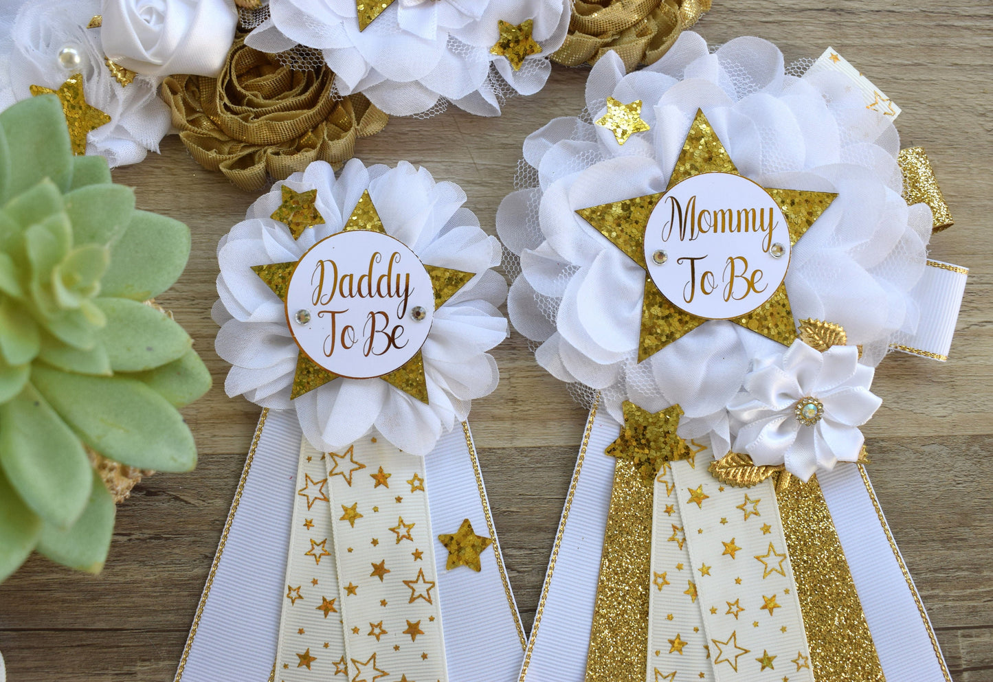 White Twinkle Twinkle Little Star Baby Shower, Gold White Star Maternity Sash, Twinkle Gender Reveal, Mommy To Be Ribbon, Daddy To Be Pin - Celebrations By Cris