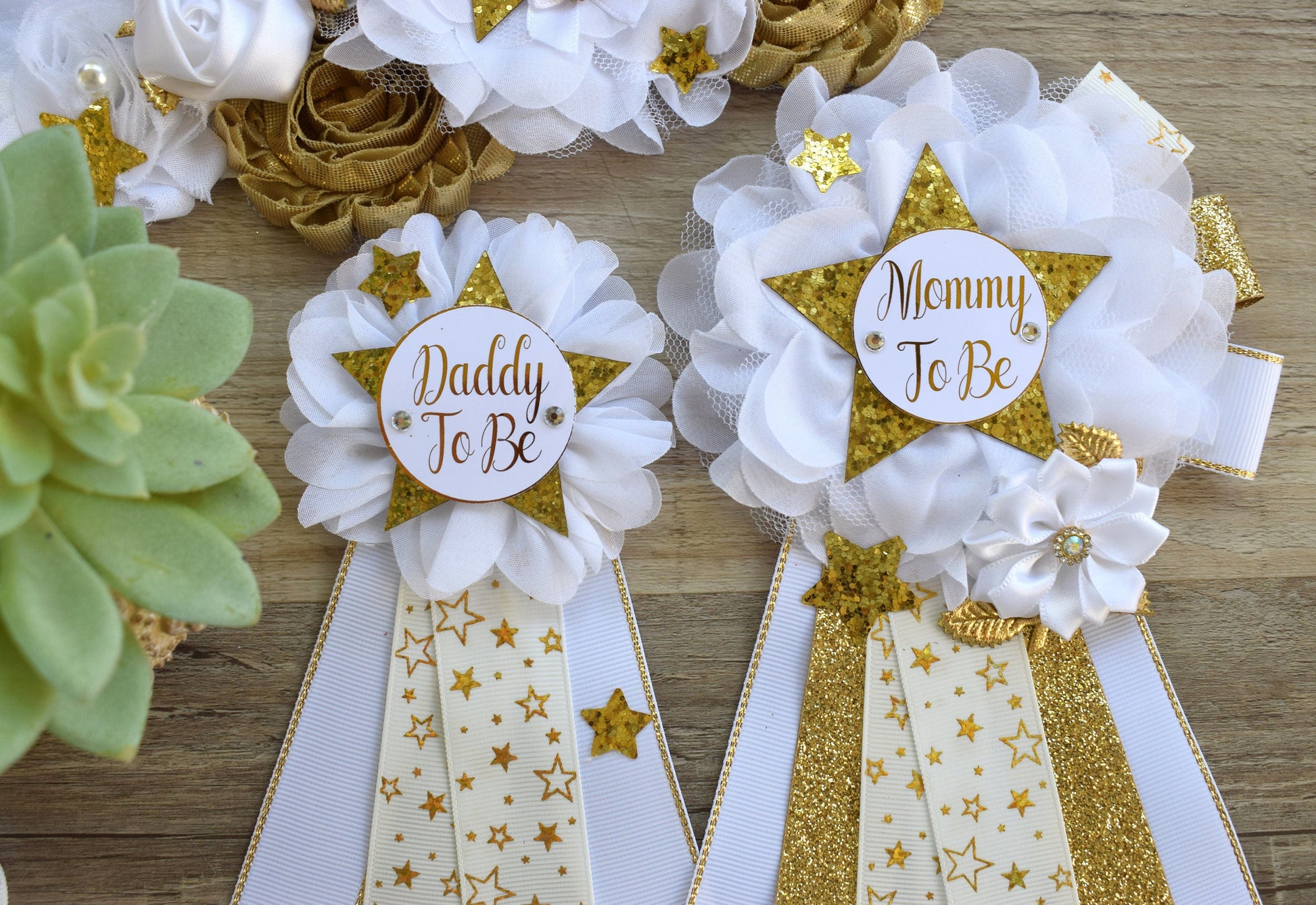 White Twinkle Twinkle Little Star Baby Shower, Gold White Star Maternity Sash, Twinkle Gender Reveal, Mommy To Be Ribbon, Daddy To Be Pin - Celebrations By Cris