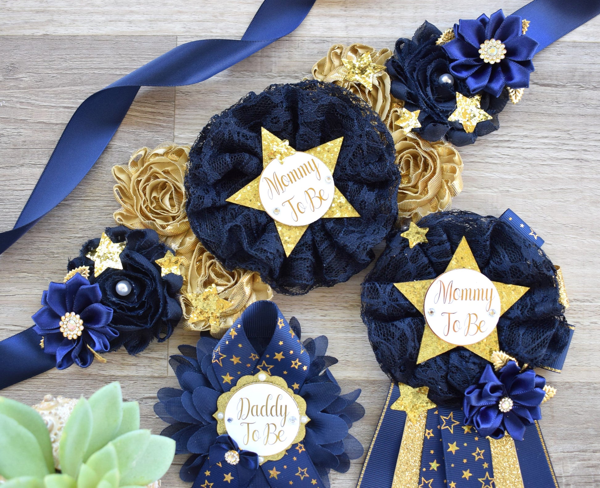 Navy Twinkle Twinkle Little Star Baby Shower, Navy Gold Maternity Sash, Twinkle Twinkle Gender Reveal Gold, Mommy To Be Pin, Daddy To Be Pin - Celebrations By Cris