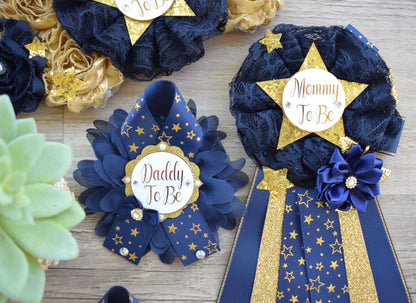 Navy Twinkle Twinkle Little Star Baby Shower, Navy Gold Maternity Sash, Twinkle Twinkle Gender Reveal Gold, Mommy To Be Pin, Daddy To Be Pin - Celebrations By Cris