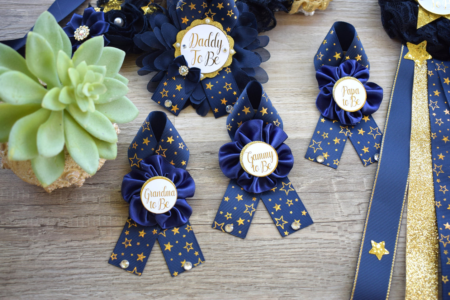 Navy Twinkle Twinkle Little Star Baby Shower, Navy Gold Maternity Sash, Twinkle Twinkle Gender Reveal Gold, Mommy To Be Pin, Daddy To Be Pin - Celebrations By Cris