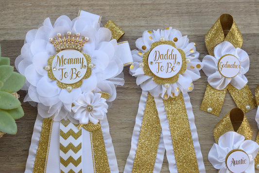 White Gold  Baby Shower, White Gold Guest Pin, Baby Shower Mommy To Be Pin, White Gold Daddy To Be Pin, White Gold Shower, Custom Pin - Celebrations By Cris