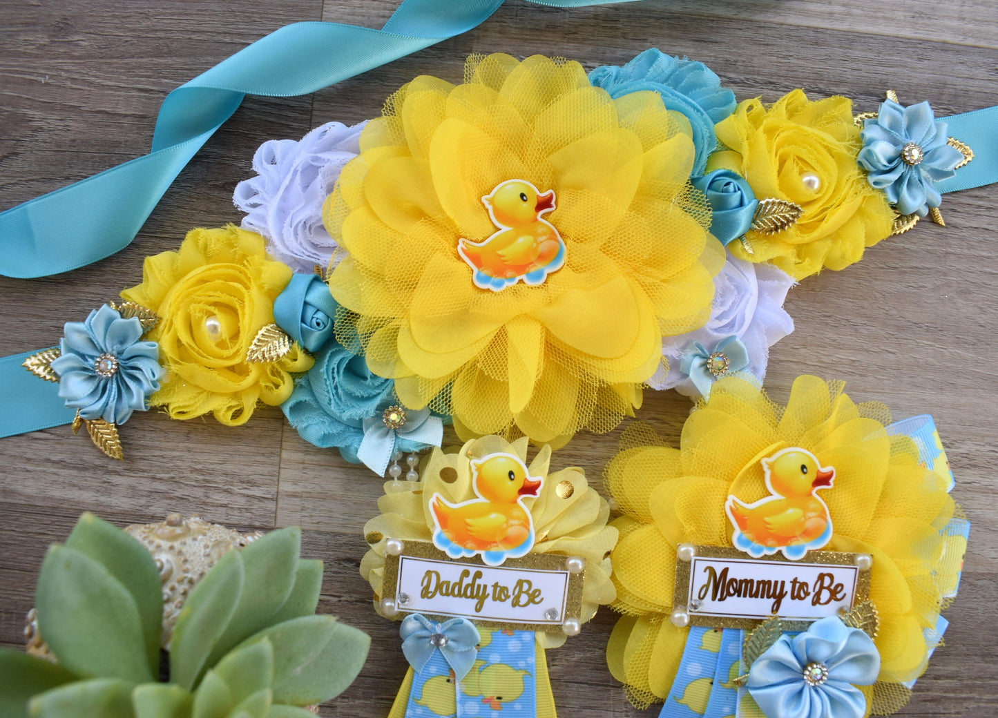 Boy Rubber Duck Baby Shower, Duck Maternity Sash, Yellow Blue Rubber Mommy To Be Ribbon, Duck Daddy To Be Pin, Custom - Celebrations By Cris