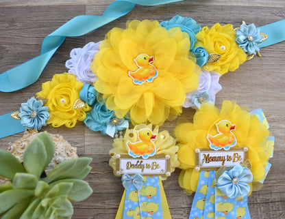 Boy Rubber Duck Baby Shower, Duck Maternity Sash, Yellow Blue Rubber Mommy To Be Ribbon, Duck Daddy To Be Pin, Custom - Celebrations By Cris