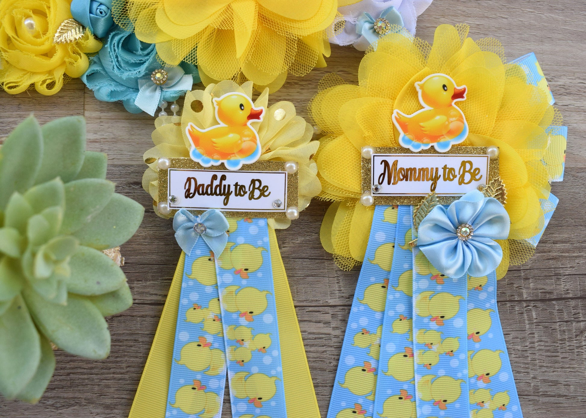 Boy Rubber Duck Baby Shower, Duck Maternity Sash, Yellow Blue Rubber Mommy To Be Ribbon, Duck Daddy To Be Pin, Custom - Celebrations By Cris