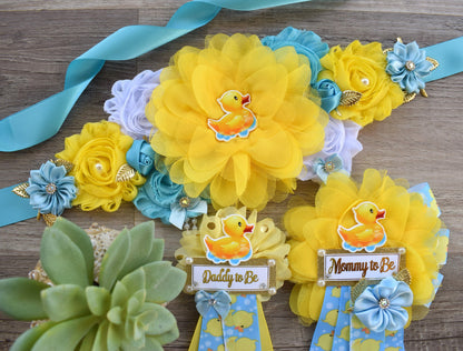 Boy Rubber Duck Baby Shower, Duck Maternity Sash, Yellow Blue Rubber Mommy To Be Ribbon, Duck Daddy To Be Pin, Custom - Celebrations By Cris