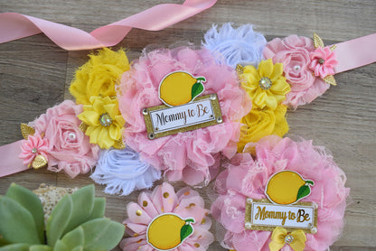 Girl Lemon Baby Shower, Lemon Fruit Maternity Sash, Pink Lemon Mommy To Be Ribbon Pin, Girl Lemon Daddy To Be Ribbon, Custom