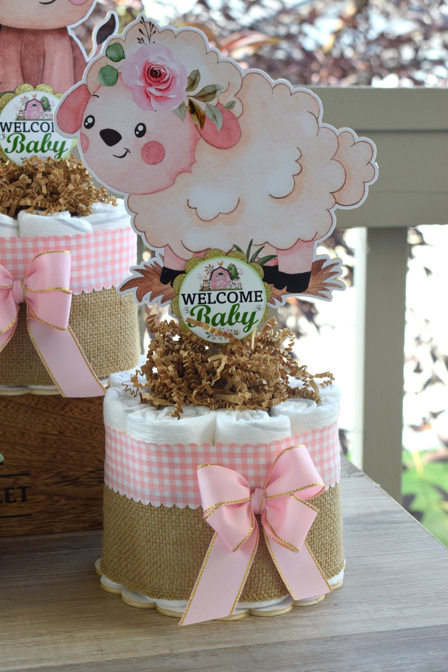 Girl Farm Animal Mini Diaper Cake Set, Pink Barn Baby Shower, Baby Shower Centerpieces Decorations, Girl Room Nursery, New Mom Gifts - S0003