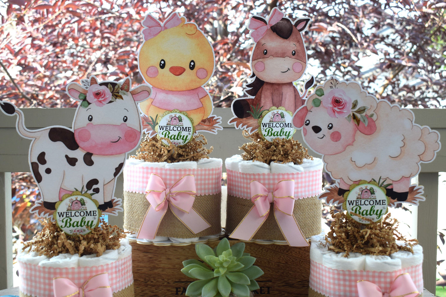 Girl Farm Animal Mini Diaper Cake Set, Pink Barn Baby Shower, Baby Shower Centerpieces Decorations, Girl Room Nursery, New Mom Gifts - S0003