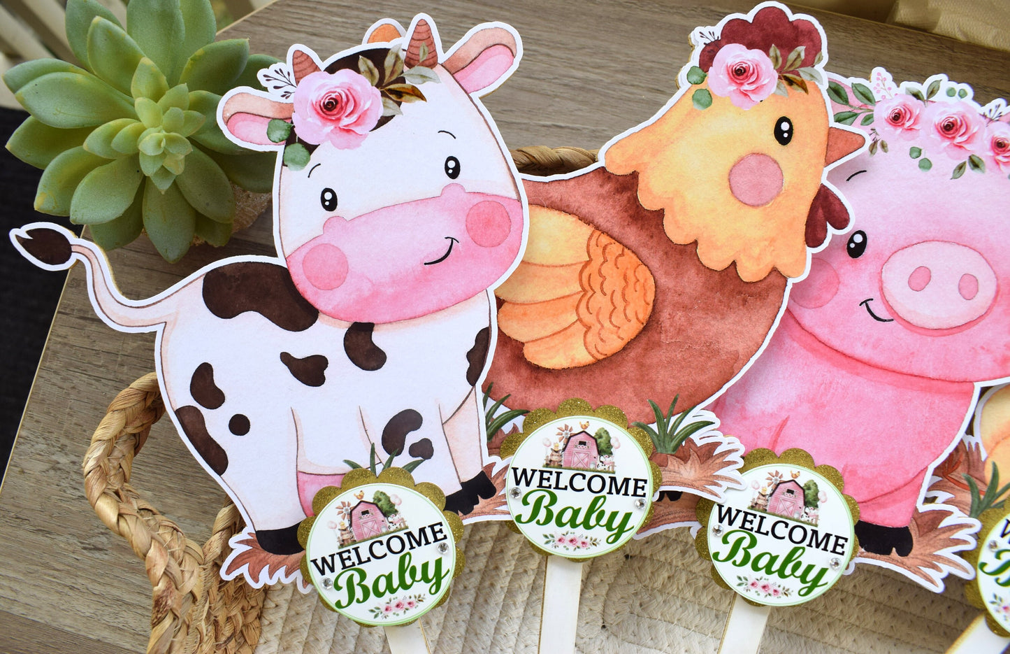 Girl Farm Animal Cake Toppers, Baby Shower Party, Girl Baby Shower Centerpieces Decorations, Room Nursery Decor, New Mom Gifts - S0003