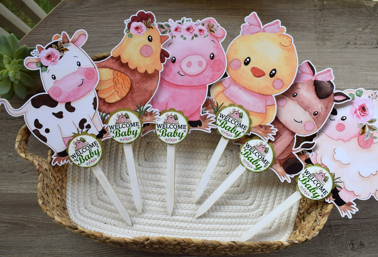 Girl Farm Animal Cake Toppers, Baby Shower Party, Girl Baby Shower Centerpieces Decorations, Room Nursery Decor, New Mom Gifts - S0003