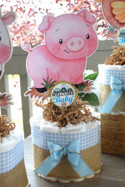 Boy Farm Animal Mini Diaper Cake Set, Blue Barn Baby Shower, Baby Shower Centerpieces Decorations, Boy Room Nursery, New Mom Gifts - S0007