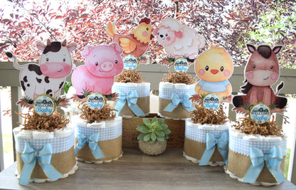 Boy Farm Animal Mini Diaper Cake Set, Blue Barn Baby Shower, Baby Shower Centerpieces Decorations, Boy Room Nursery, New Mom Gifts - S0007