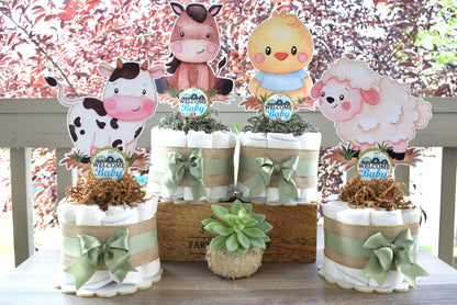 Farm Animal Mini Diaper Cake Set, Gender Reveal Barn Baby Shower, Baby Shower Centerpieces Decorations, Room Nursery, New Mom Gifts - S0008