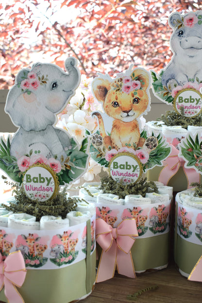 Girl Jungle Safari Mini Diaper Cake Set Baby Shower, Baby Shower Centerpieces Decorations, Girls Room Nursery Decor, New Mom Gifts - S0002