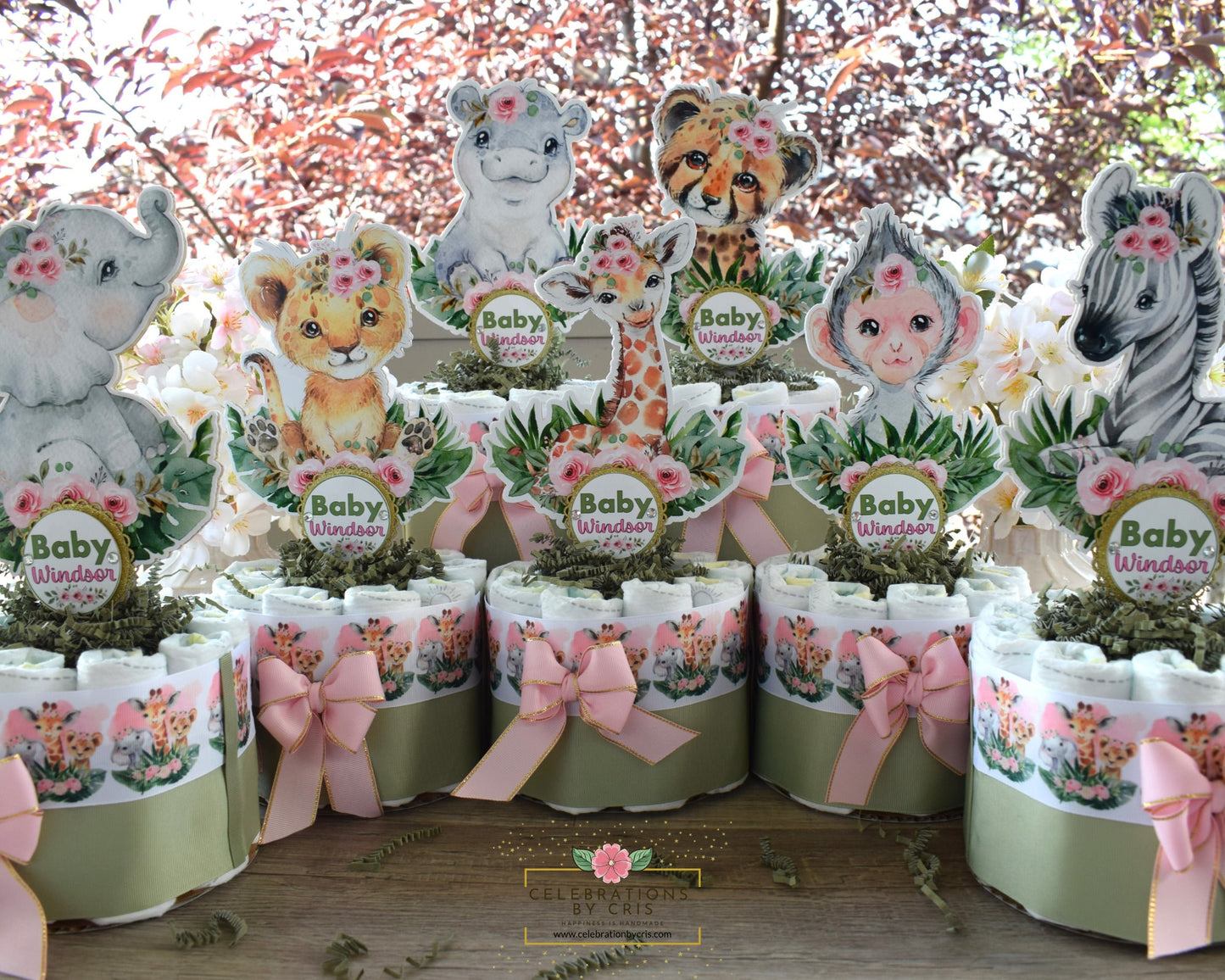 Girl Jungle Safari Mini Diaper Cake Set Baby Shower, Baby Shower Centerpieces Decorations, Girls Room Nursery Decor, New Mom Gifts - S0002