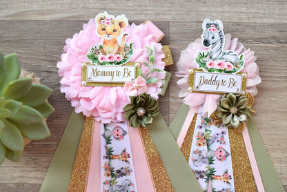 Girl Animal Safari Maternity Sash, Pink Safari Maternity Sash, Animal Mommy To Be Ribbon, Daddy To Be Pin, Safari Baby Shower Gift - S0002 - Celebrations By Cris