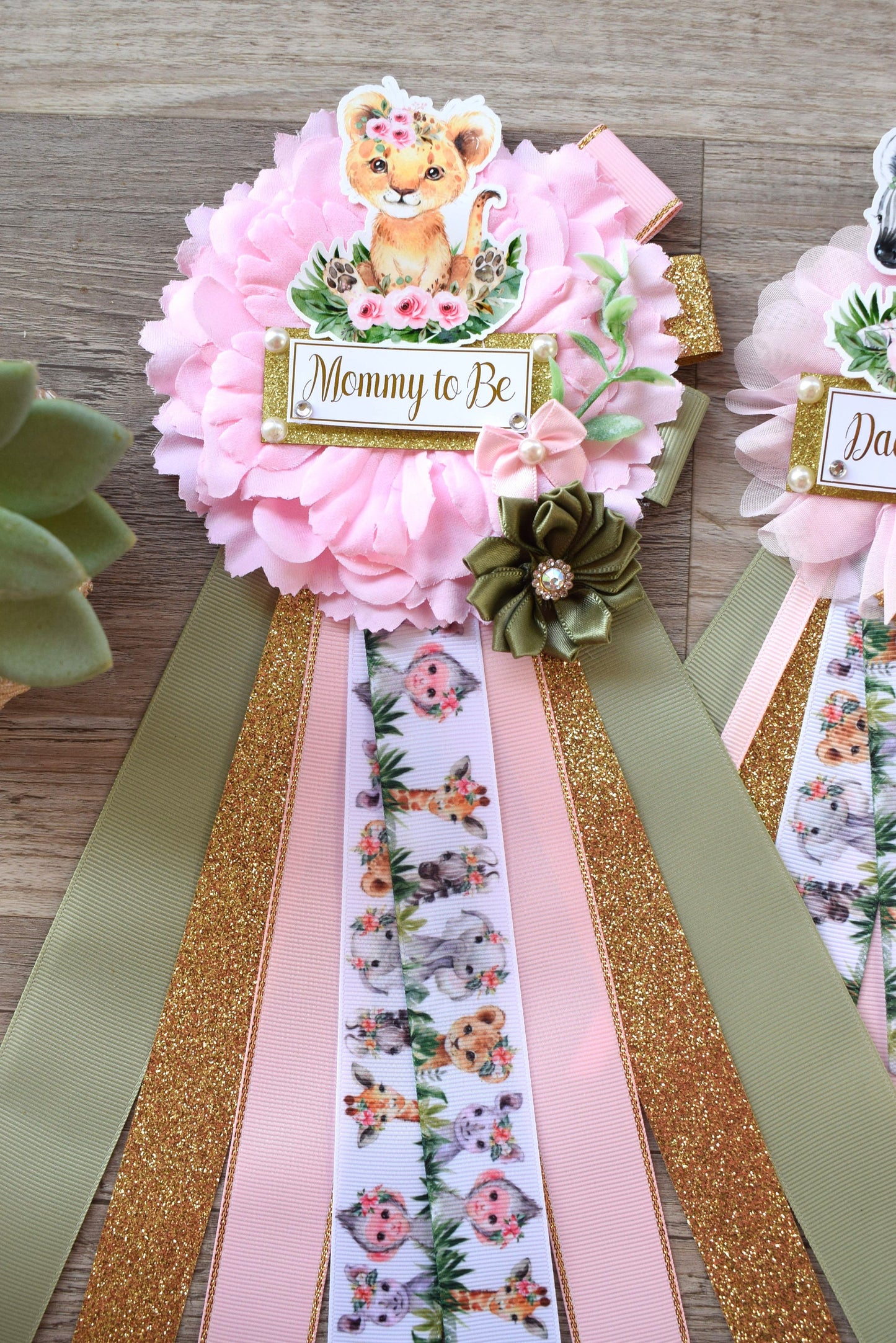 Girl Animal Safari Maternity Sash, Pink Safari Maternity Sash, Animal Mommy To Be Ribbon, Daddy To Be Pin, Safari Baby Shower Gift - S0002 - Celebrations By Cris