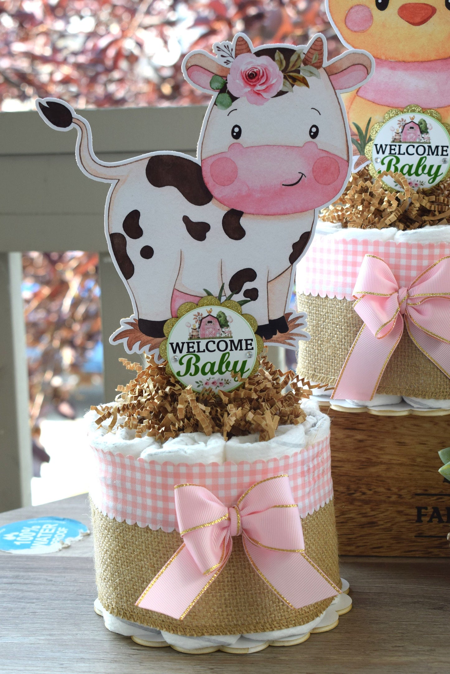 Girl Farm Animal Mini Diaper Cake Set, Pink Barn Baby Shower, Baby Shower Centerpieces Decorations, Girl Room Nursery, New Mom Gifts - S0003