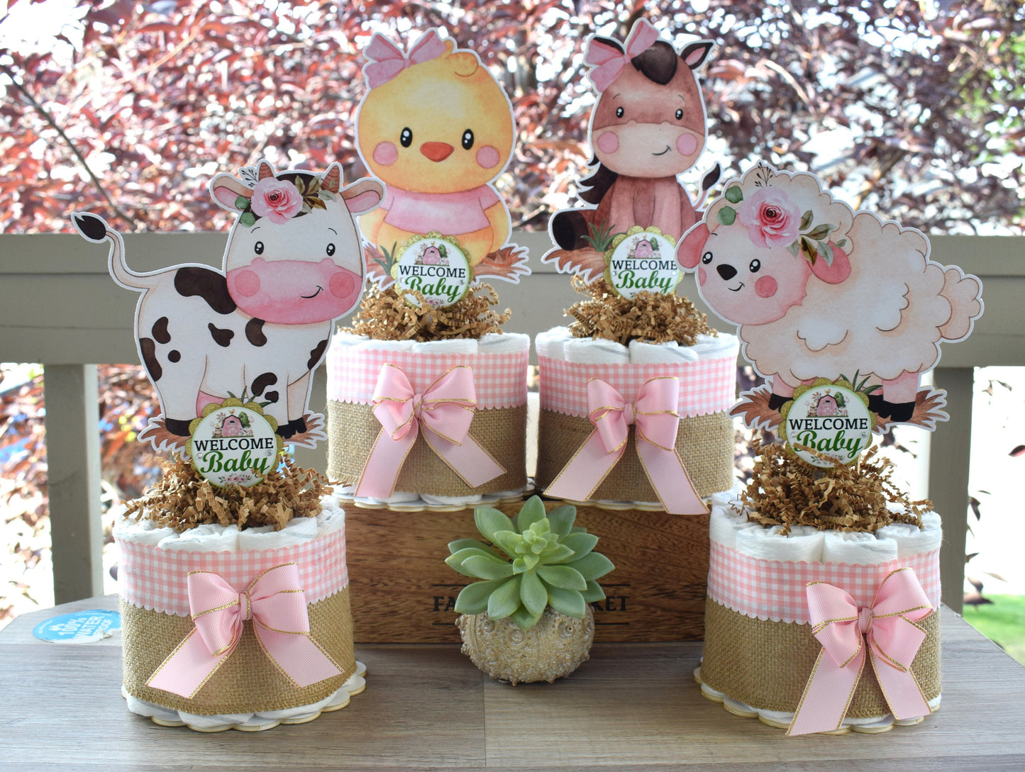 Girl Farm Animal Mini Diaper Cake Set, Pink Barn Baby Shower, Baby Shower Centerpieces Decorations, Girl Room Nursery, New Mom Gifts - S0003