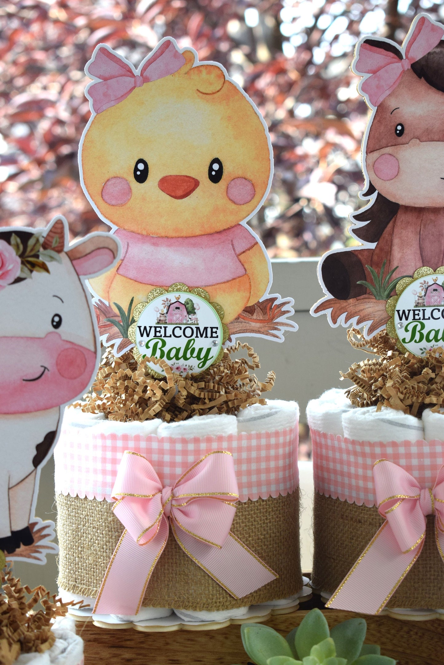 Girl Farm Animal Mini Diaper Cake Set, Pink Barn Baby Shower, Baby Shower Centerpieces Decorations, Girl Room Nursery, New Mom Gifts - S0003