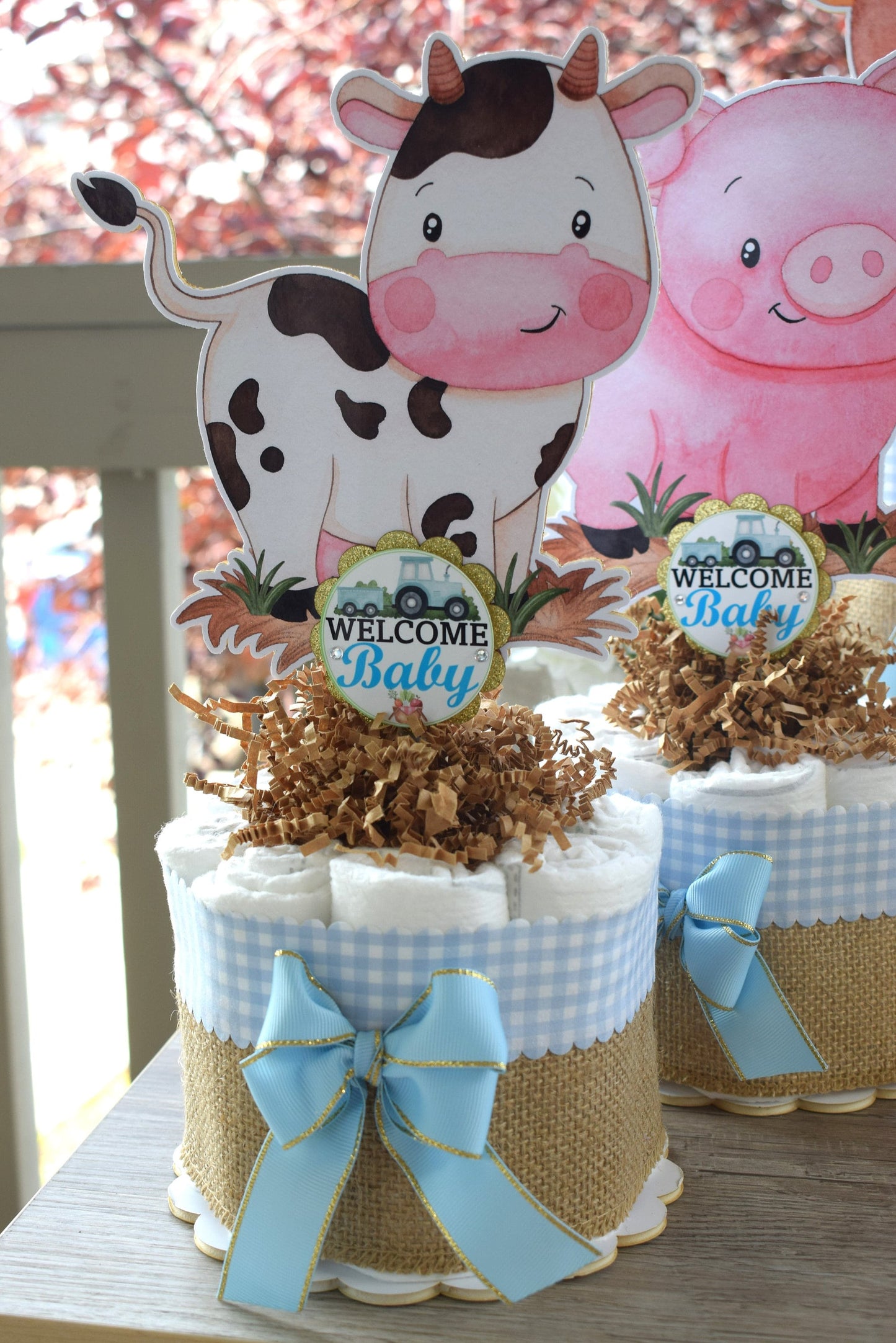 Boy Farm Animal Mini Diaper Cake Set, Blue Barn Baby Shower, Baby Shower Centerpieces Decorations, Boy Room Nursery, New Mom Gifts - S0007