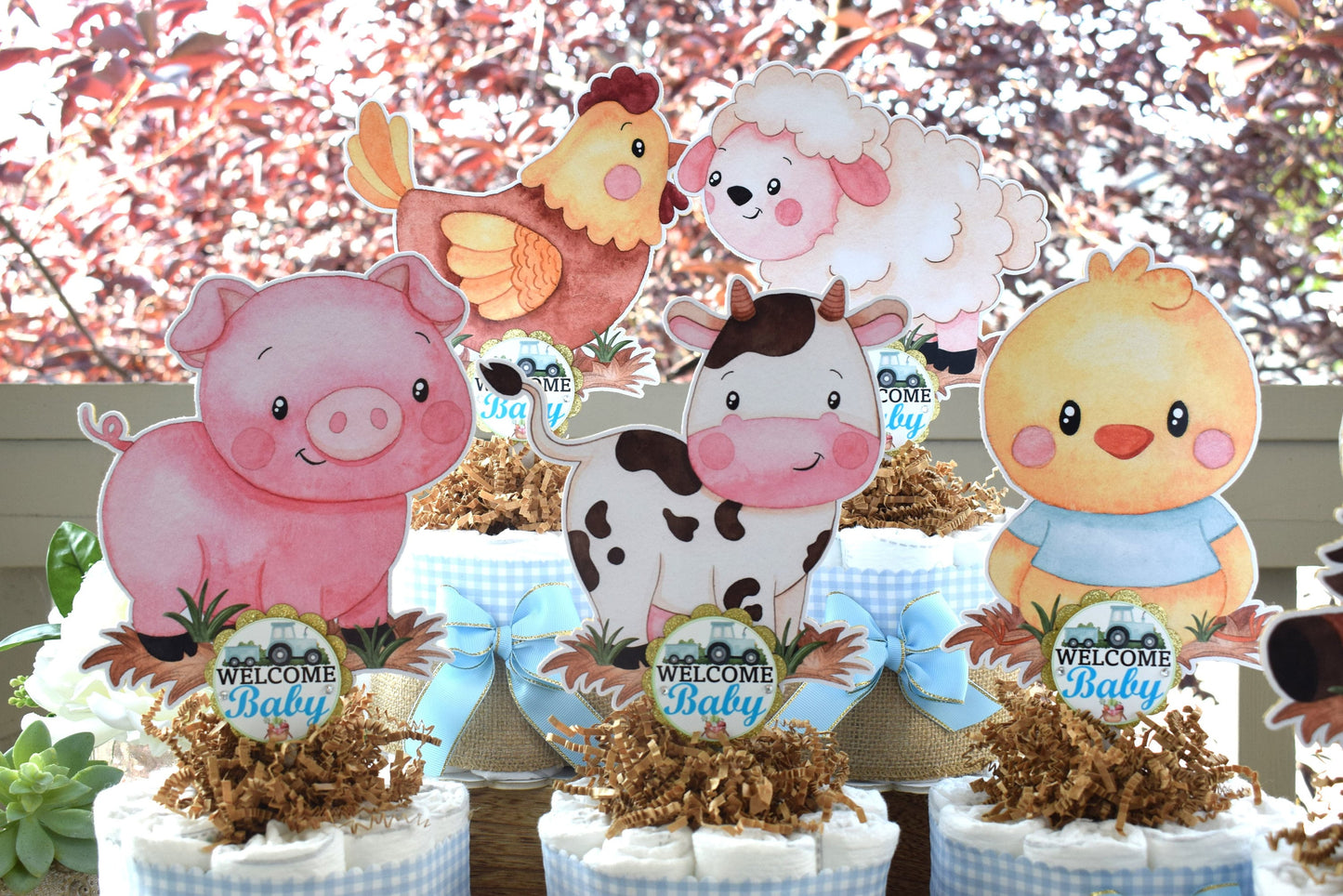 Boy Farm Animal Mini Diaper Cake Set, Blue Barn Baby Shower, Baby Shower Centerpieces Decorations, Boy Room Nursery, New Mom Gifts - S0007