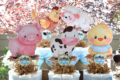 Boy Farm Animal Mini Diaper Cake Set, Blue Barn Baby Shower, Baby Shower Centerpieces Decorations, Boy Room Nursery, New Mom Gifts - S0007